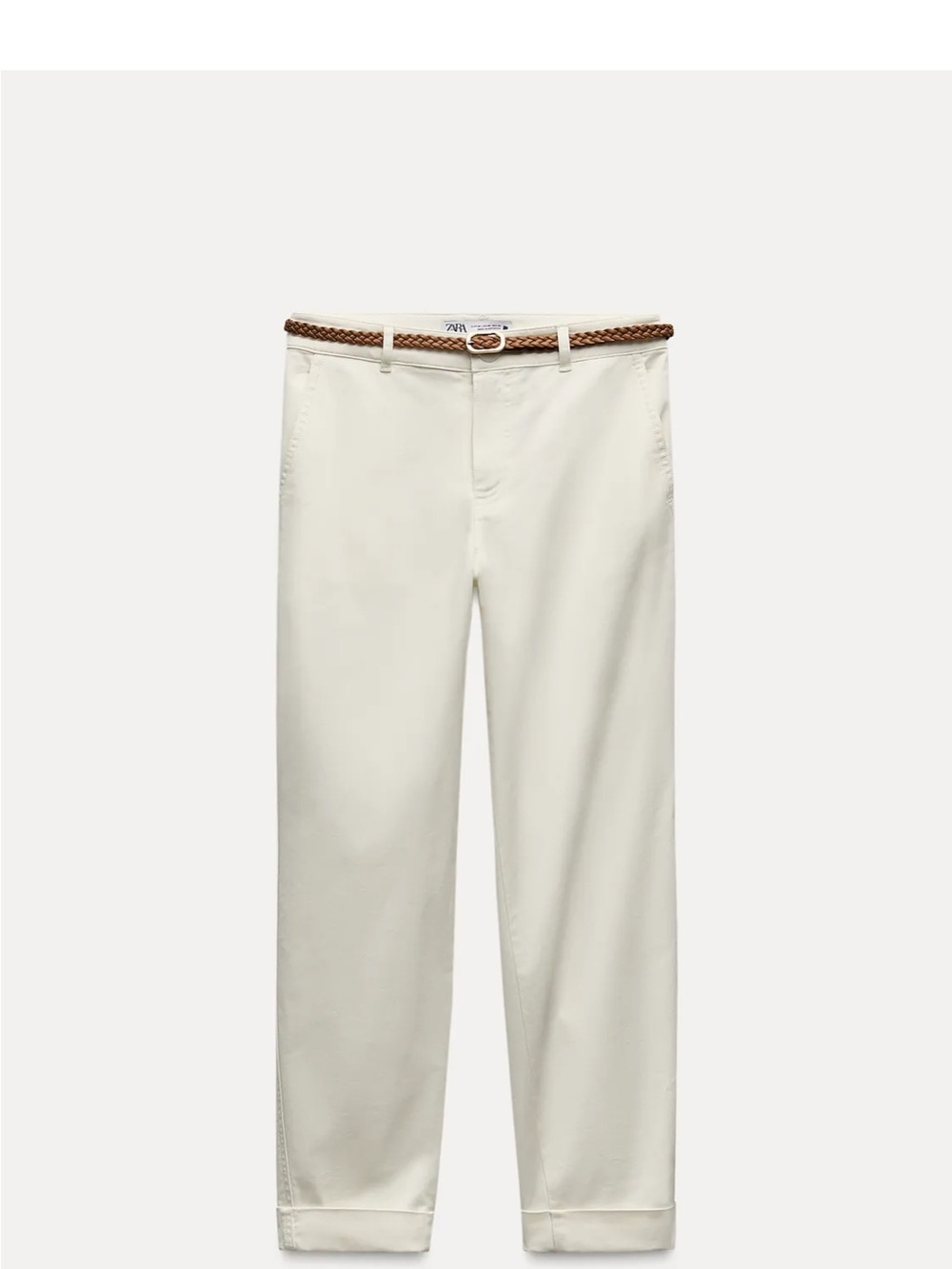 Zara Cream Straight-Leg Pants with Brown Braided Belt